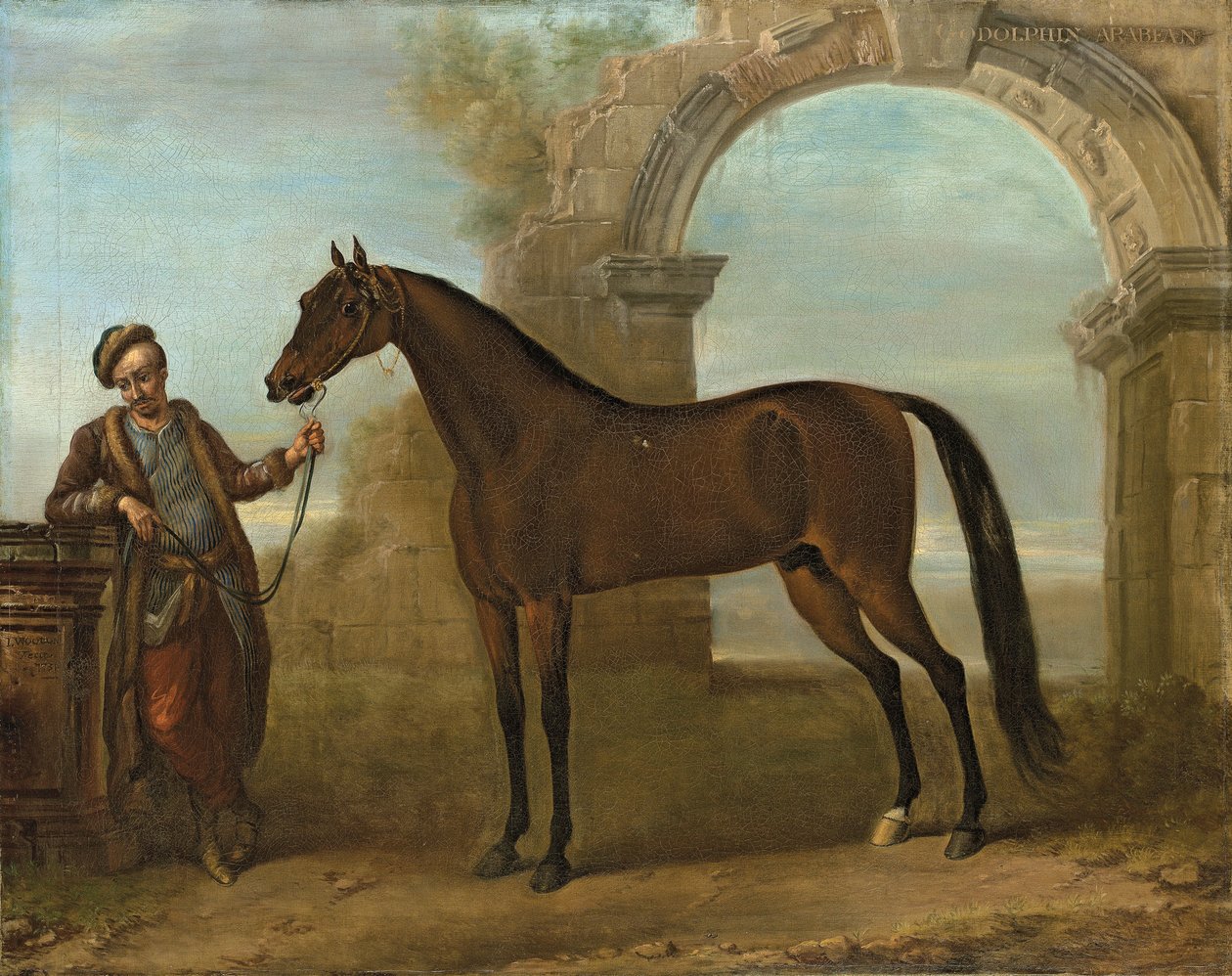 Le Godolphin Arabien, tenu par un palefrenier, dans un paysage avec une arche en ruine, 1731 - John Wootton