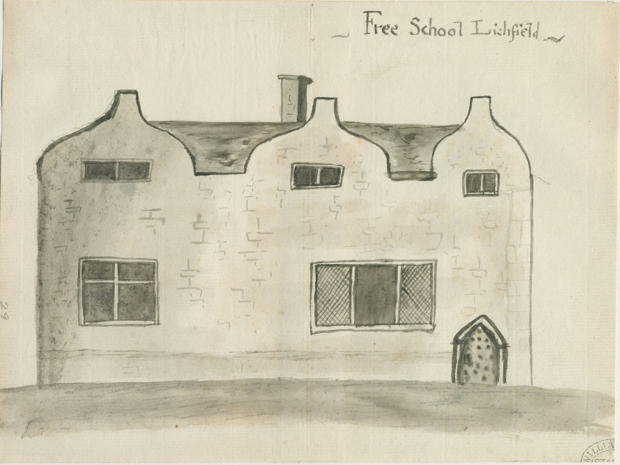 Lichfield - École de grammaire : dessin au lavis sépia - John Wright