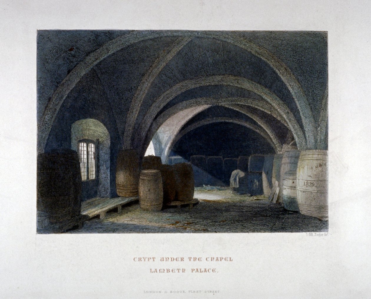 Crypte remplie de barils sous la chapelle du palais de Lambeth, Londres - John Wykeham Archer