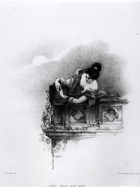 Fanny Kemble (1809-93) en Juliette, Douce Bonne Nuit, gravé par Richard James Lane (1800-72) - John after Hayter