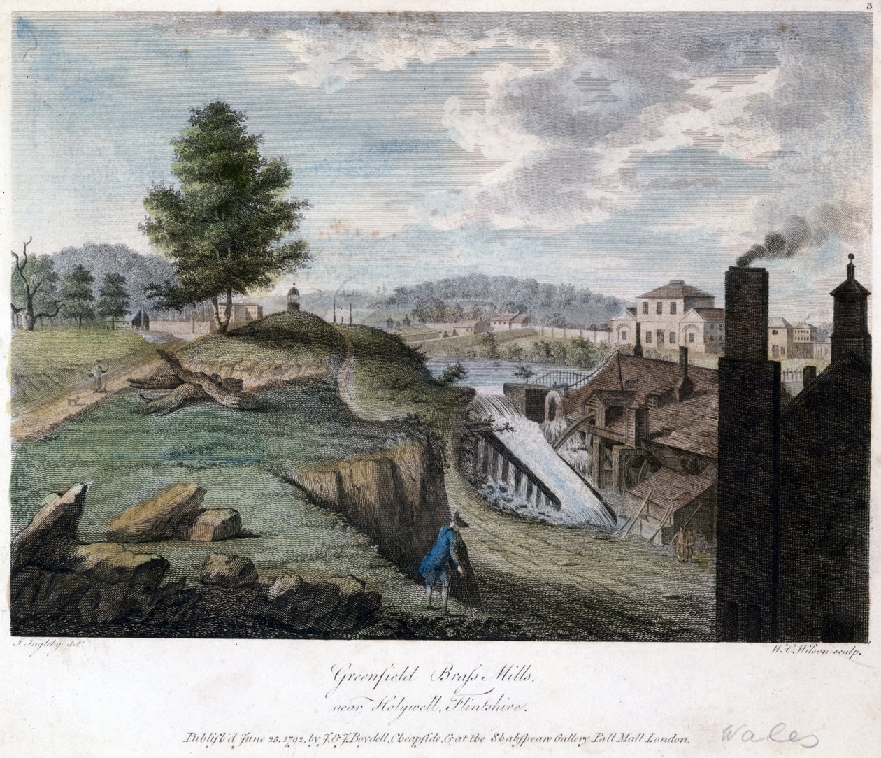 Greenfield Brass Mills, près de Holywell, Flintshire, gravé par W.C. Wilson, vers 1792 - John after Ingleby