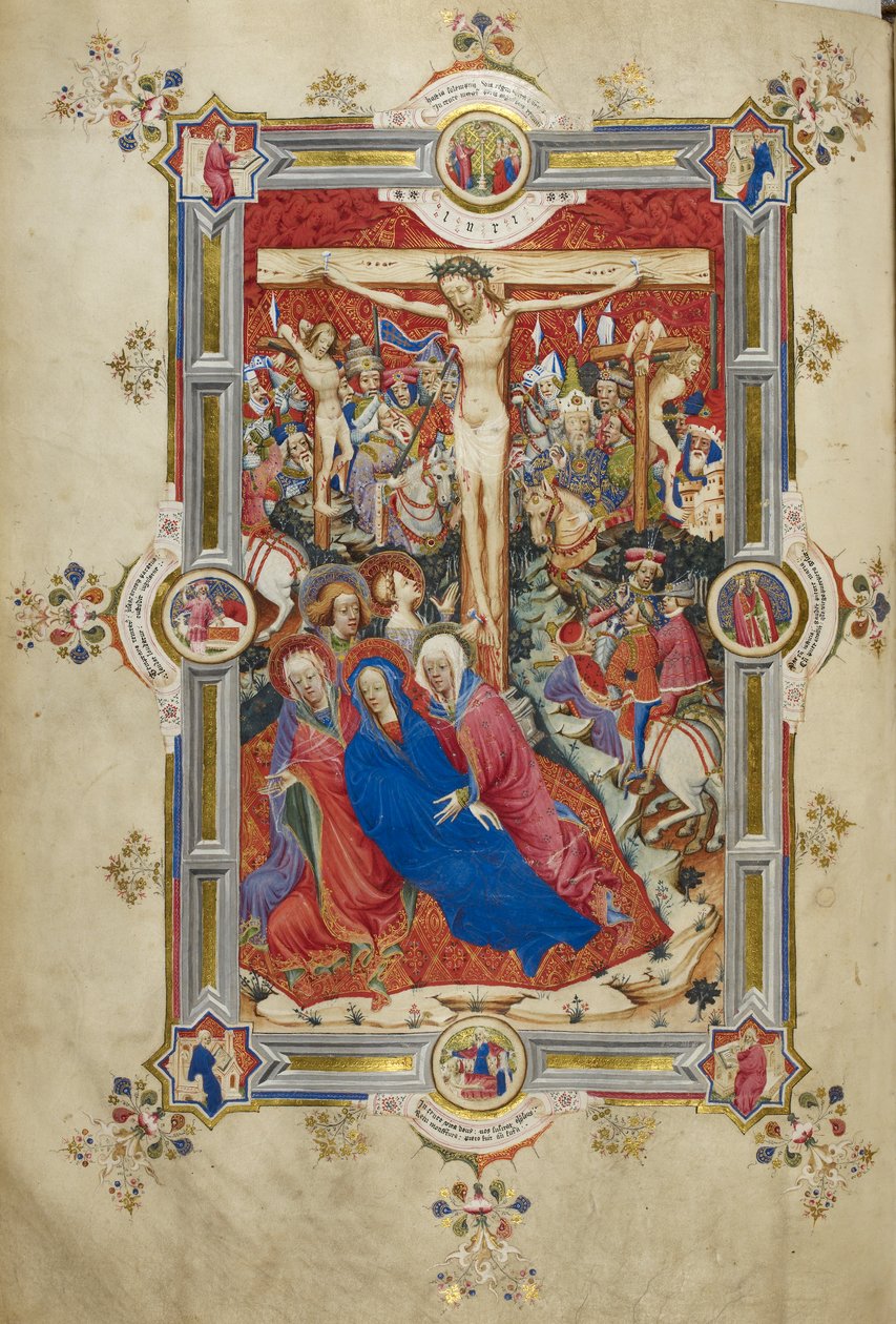 La Crucifixion, introduisant le Canon de la Messe. Christ sur la croix, flanqué de voleurs, Vierge évanouie soutenue par des femmes et Saint Jean, Madeleine au pied de la croix. Foule de spectateurs montés en habits contemporains, y compris Longinus, avec  - John and Siferwas John (fl. 1380–1421 Whas