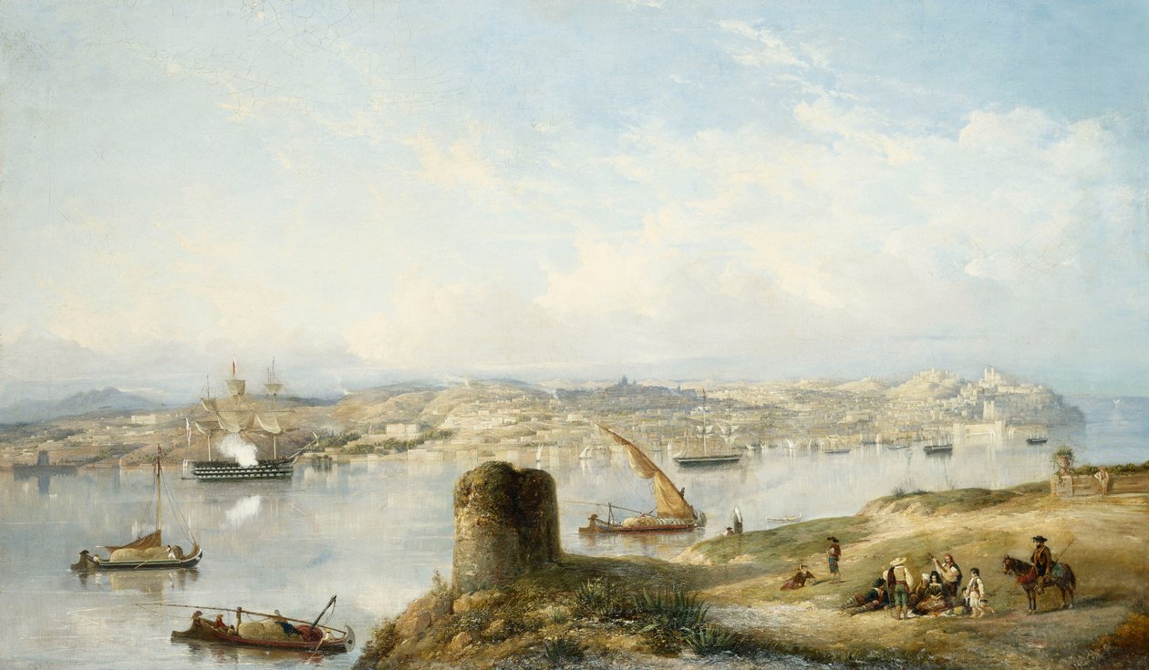 Une vue étendue de Lisbonne sur le fleuve Tejo avec la Praca do Terreiro do Paco, la vieille cathédrale et le Castelo de S. Jorge - John or Giovanni Schranz