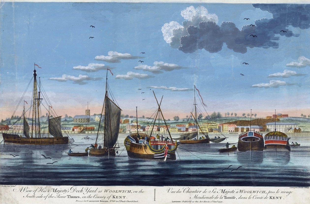Vue des docks royaux à Woolwich, sur la rive gauche de la Tamise (Angleterre), dans le comté de Kent. Gravure en couleurs de John Clevely le Jeune (1747-1786) - John the Younger Cleveley