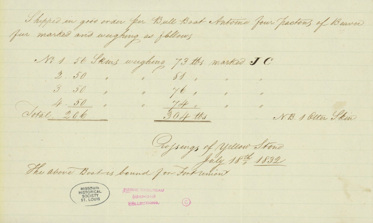 Note de Johnson Gardner, Traversées de la Yellow Stone, 18 juillet 1832 - Johnson Gardner