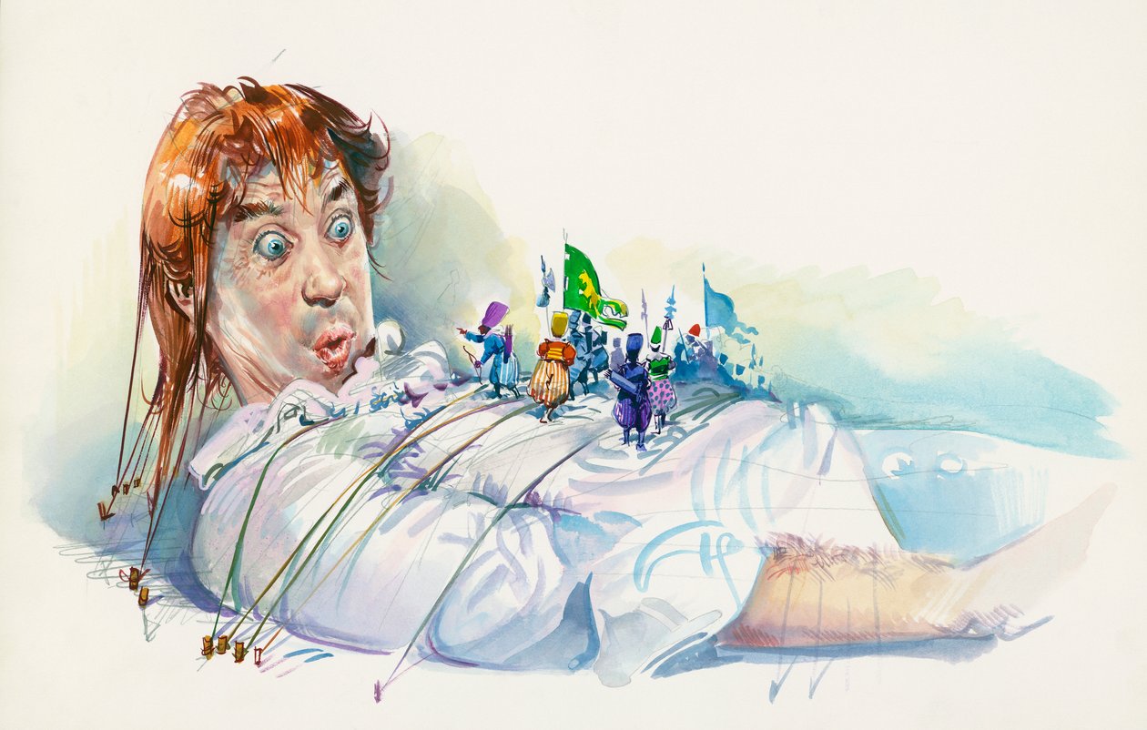 Lemuel Gulliver capturé par les Lilliputiens, du roman Les Voyages de Gulliver de Jonathan Swift (1667-1745), dessin - Jonathan Swift