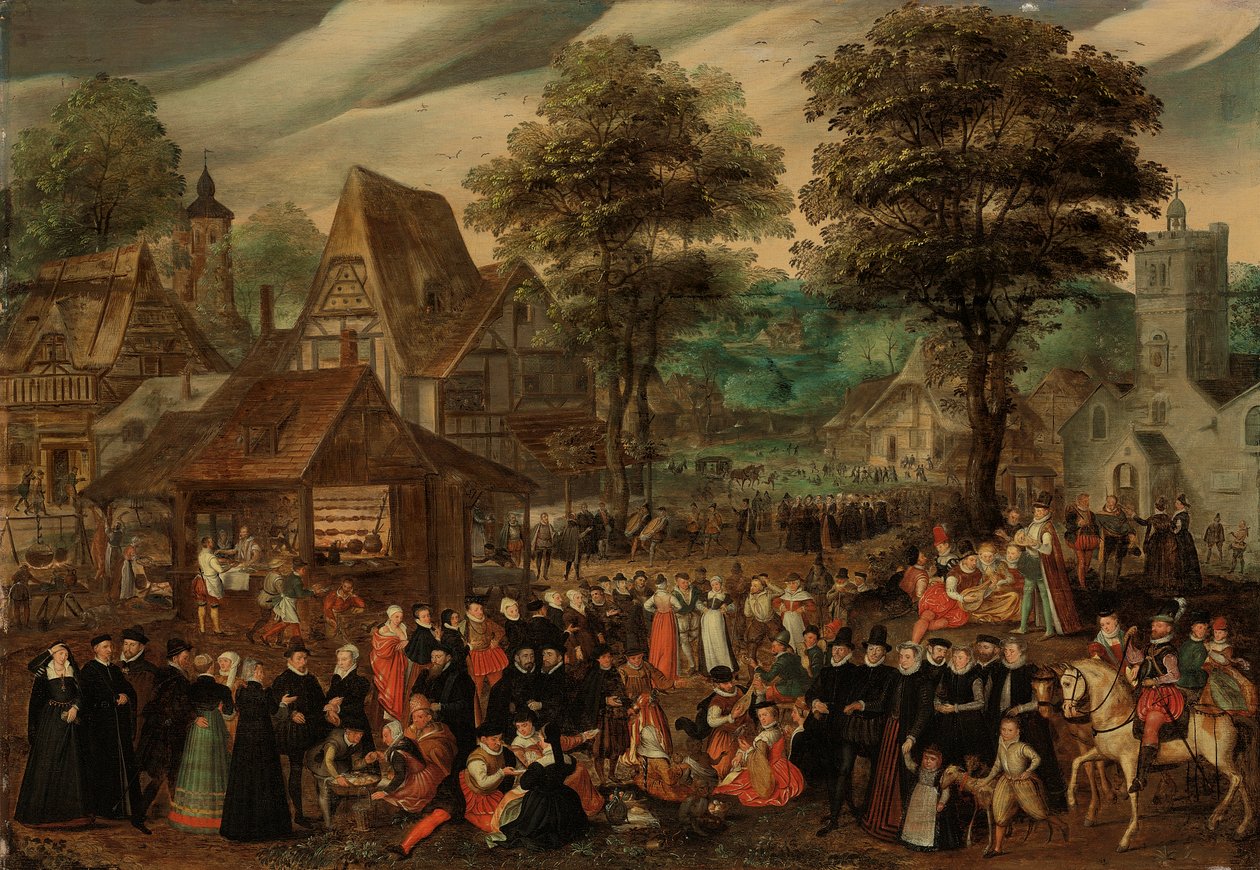 Une fête de village avec des personnages élégamment vêtus en procession, une rivière et une tour au-delà - Joris Hoefnagel