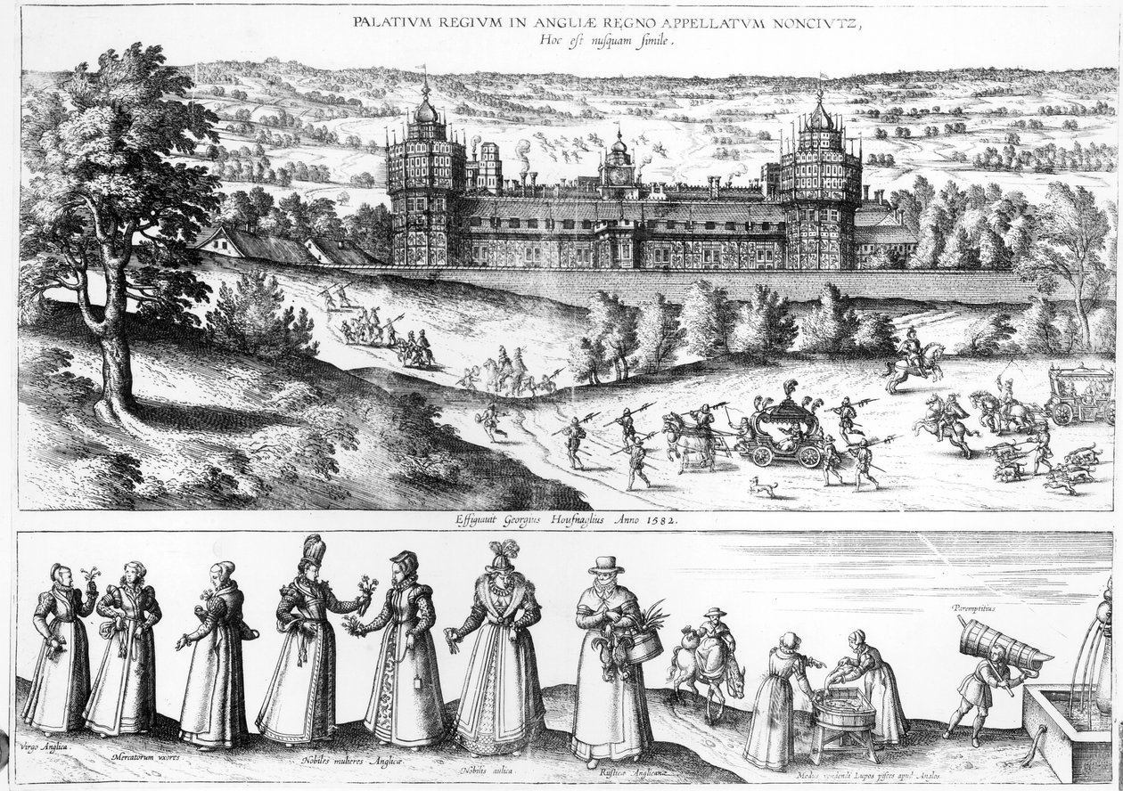 Arrivée de la reine Élisabeth I à Nonesuch Palace et hommes et femmes de la société Tudor, 1582 - Joris Hoefnagel