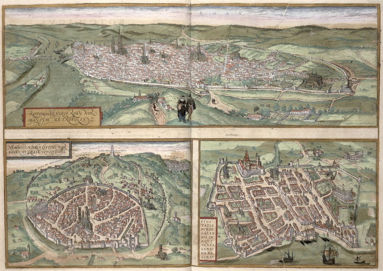 Plans de ville de Rouen, Nîmes et Bordeaux, de 