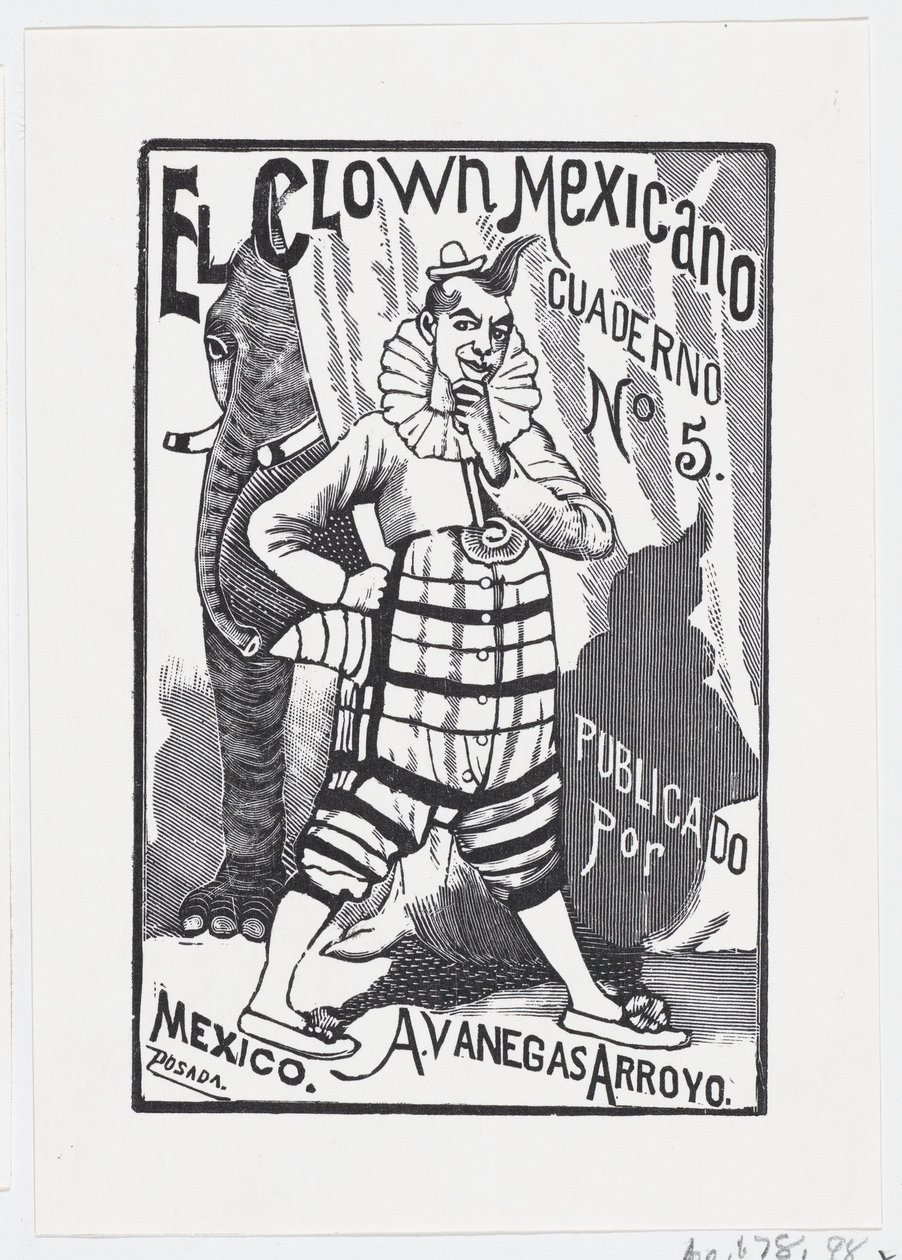 Un clown debout avec une main sur la hanche et un éléphant regardant derrière... - José Guadalupe Posada