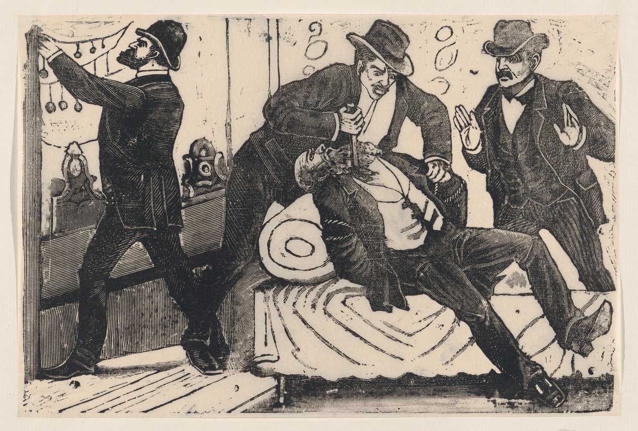 Un homme poignardant un autre homme dans la poitrine tandis que ses associés pillent un magasin, ca. 1890-1891 - José Guadalupe Posada
