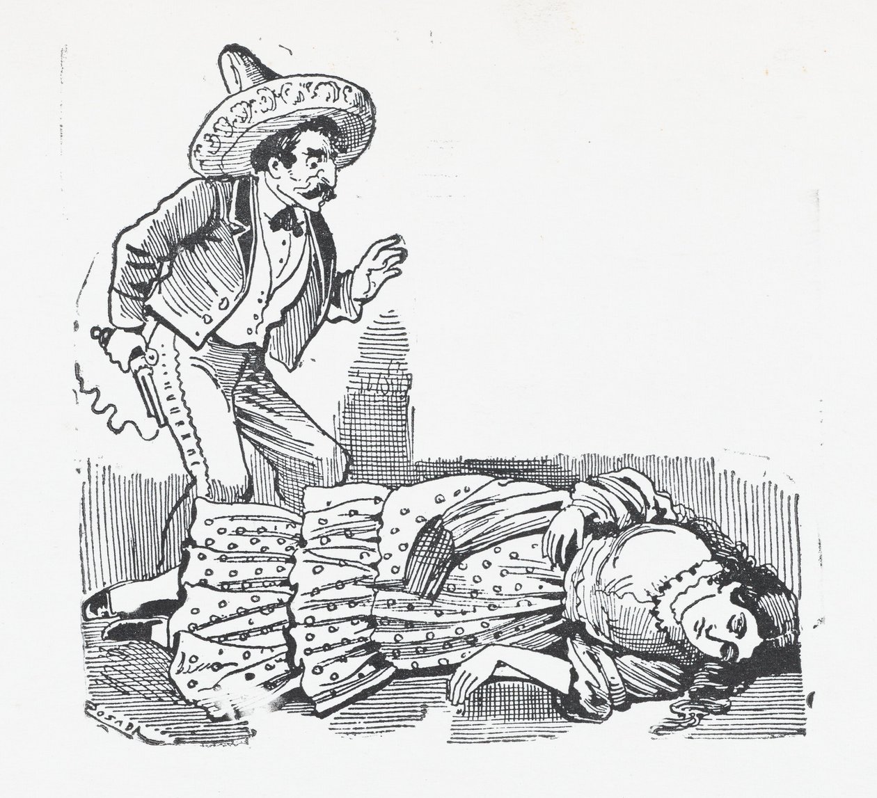 Un homme avec un fusil debout sur une femme qu
