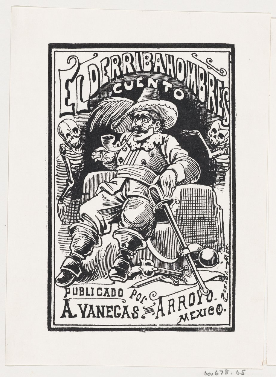 Un homme avec des armes et une pipe dans la bouche flanqué de deux squelettes, illustration..., vers 1880-1910 - José Guadalupe Posada