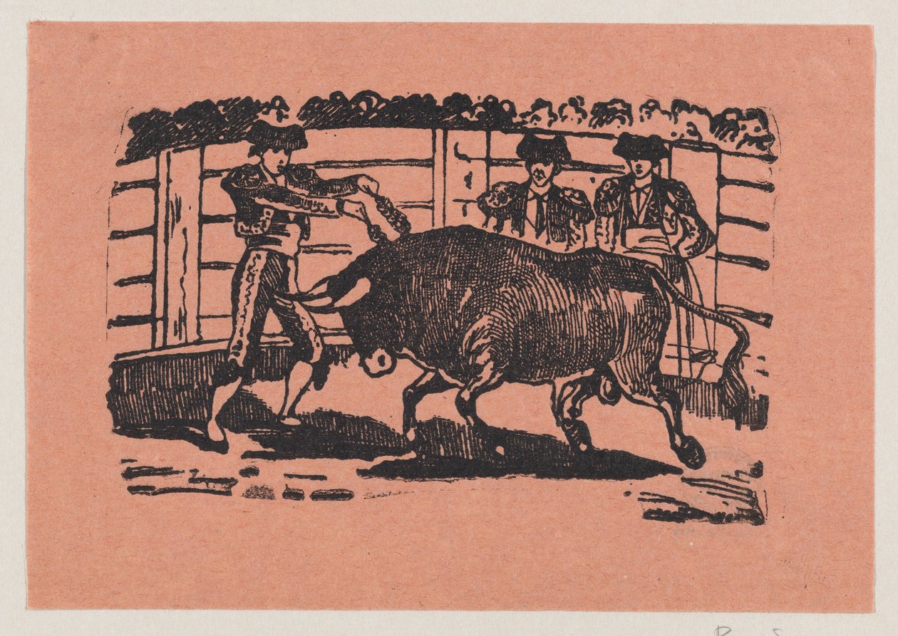 Ein Torero platziert Banderillas in die Schultern des Stiers, während zwei Männer hinter dem Stier stehen - José Guadalupe Posada