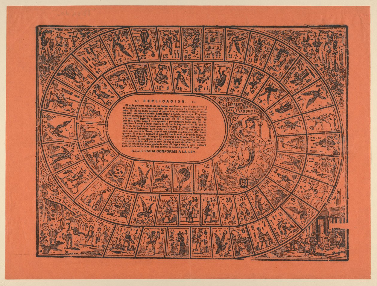 Gänsespiel (mit den Regeln in der Mitte gedruckt) - José Guadalupe Posada