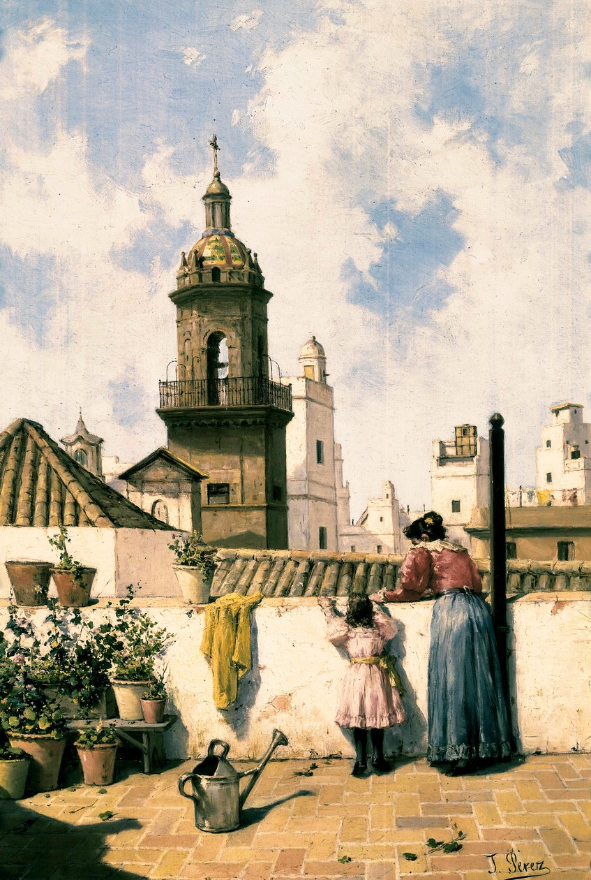 Terrasse sur le toit à Cadix. Une mère et sa fille arrosant probablement les plantes avec un arrosoir au milieu de la terrasse. Peinture de José Pérez Siguimboscum (19ème siècle), fin 19ème siècle. Cadix, Museo Provincial de Cadiz - Jose Perez Siguimboscum