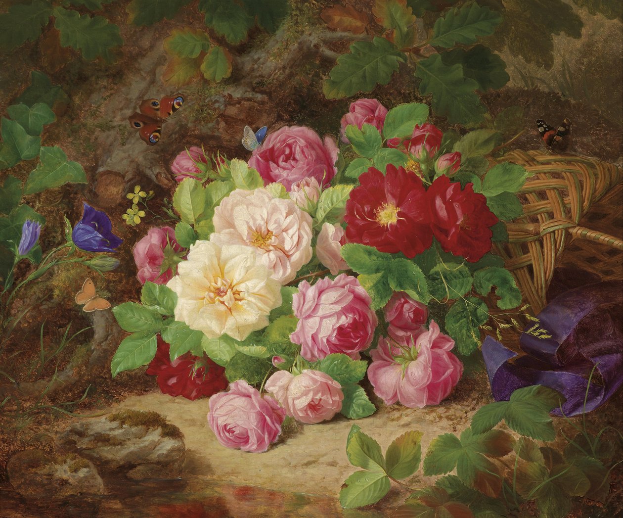 Roses au sol forestier avec papillons, panier et ruban bleu - Josef Lauer
