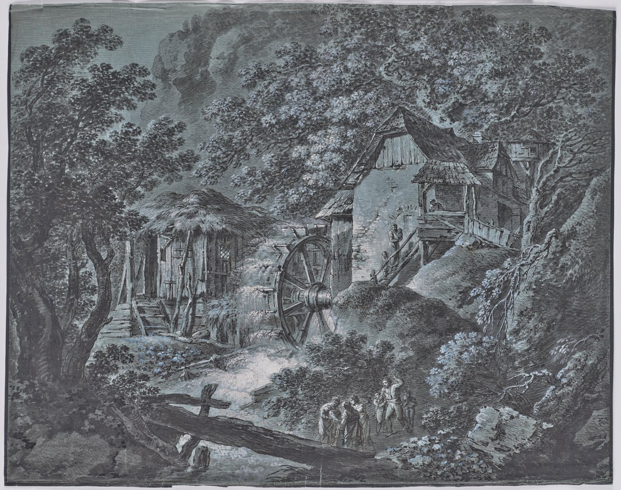 Moulin dans un paysage forestier avec plusieurs personnes et un géant - Josef Abel