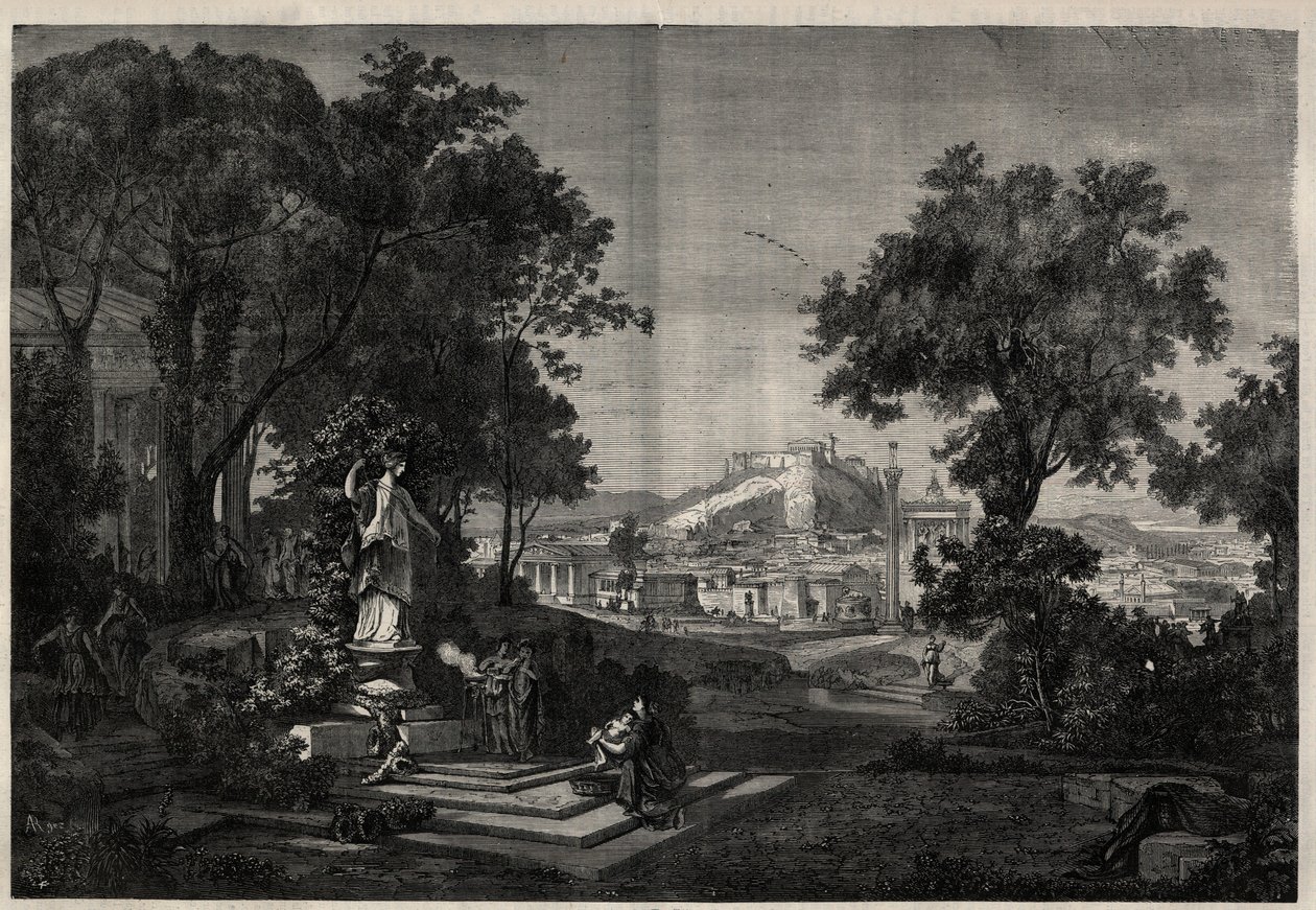 Grèce antique : vue des jardins de Vénus à Athènes. Gravure d