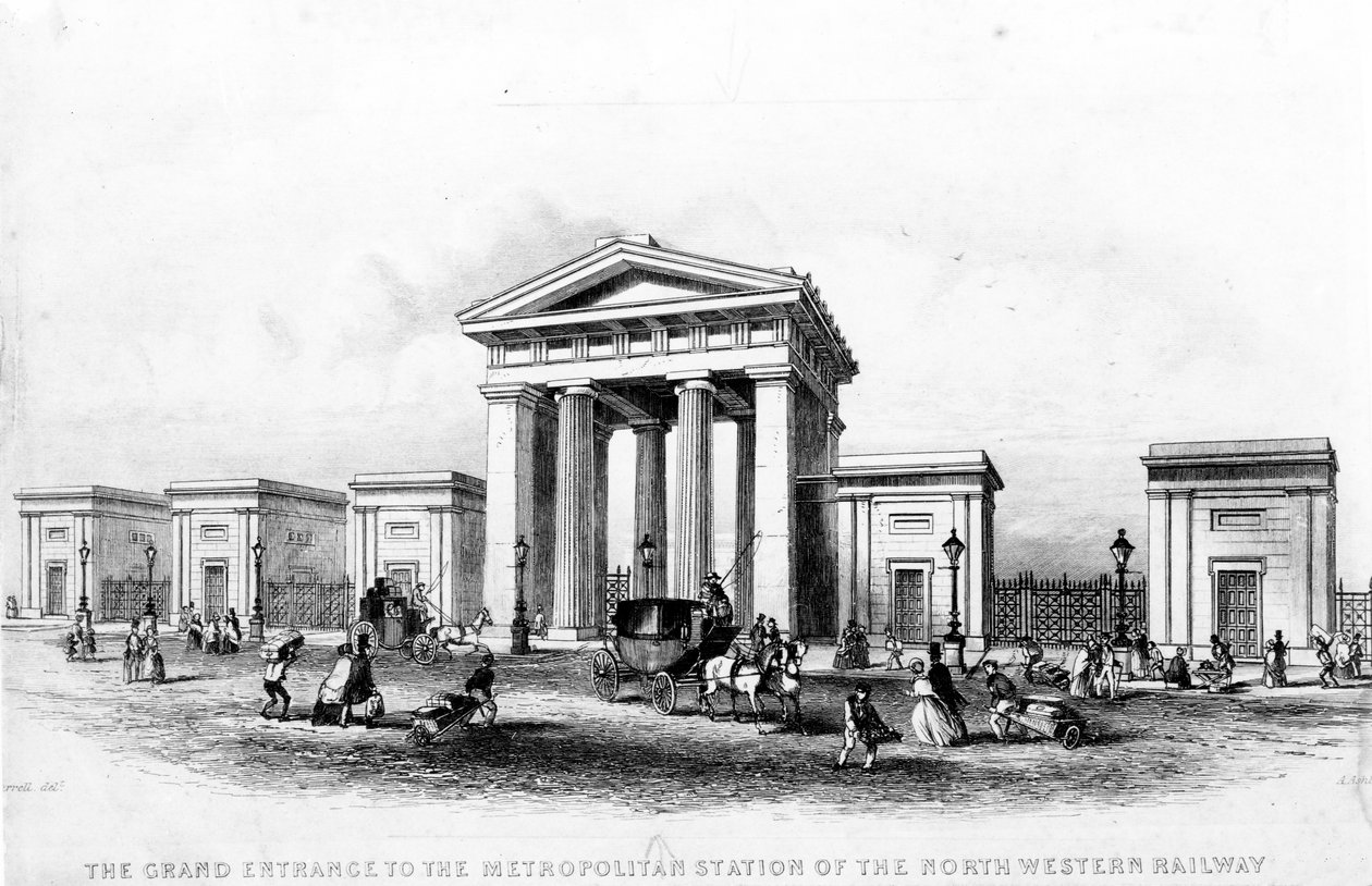 La grande entrée de la station métropolitaine du chemin de fer du Nord-Ouest, gravée par Alfred Ashley, c.1837 - Joseph Francis Burrel