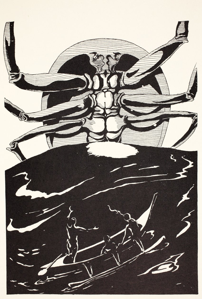 Pau Amma le crabe sortant de la mer aussi haut que la fumée de trois volcans, illustration de 