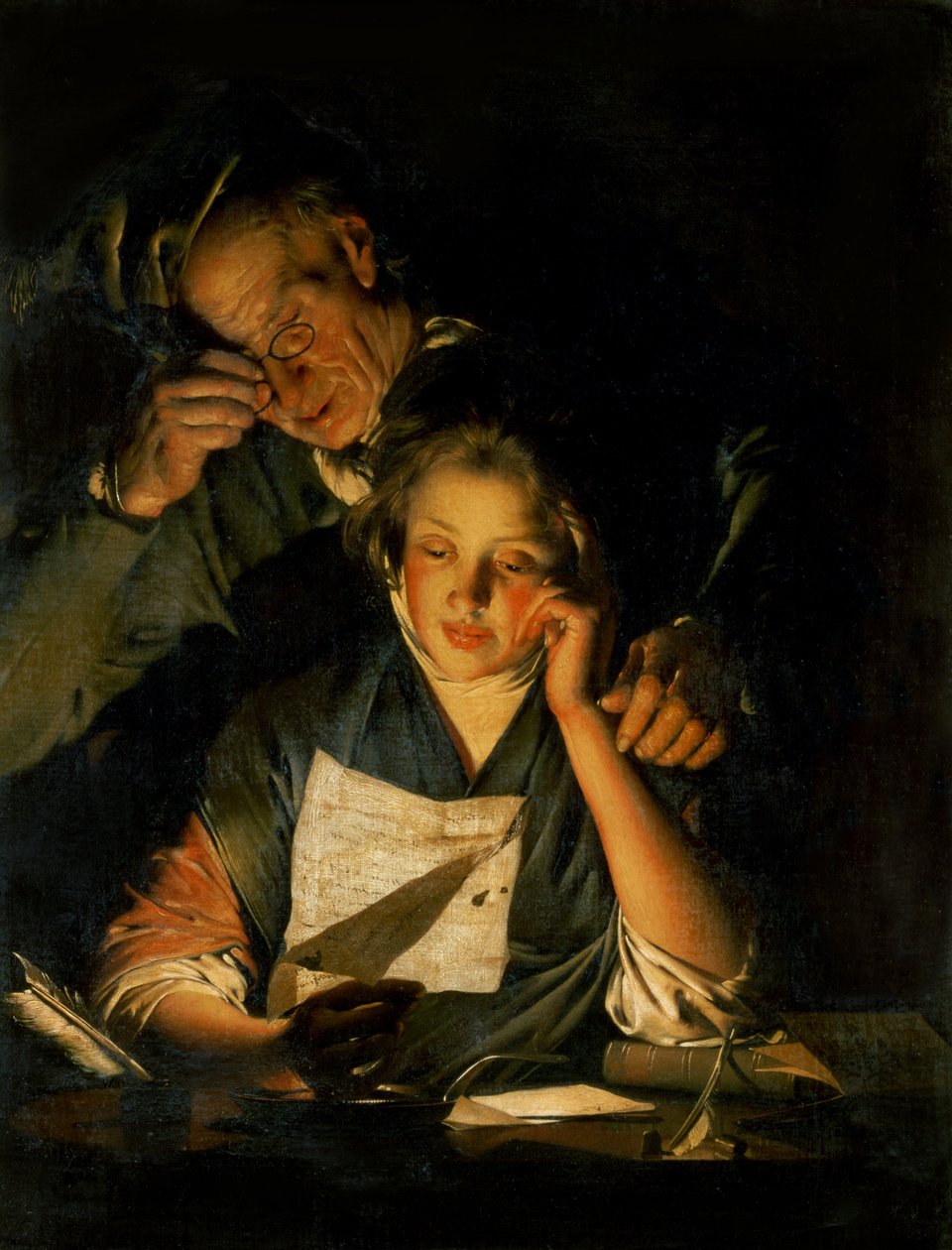 Une fille lisant une lettre, avec un vieil homme lisant par-dessus son épaule, vers 1767-70 - Joseph Wright of Derby