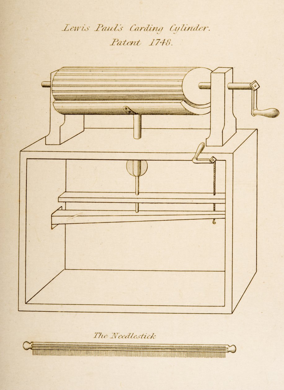 Dessin du cylindre de cardage de Lewis Paul, breveté en 1748, vers 1830 - Joseph Wilson Lowry