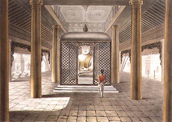Un soldat debout dans un temple de Rangoon, gravé par George Hunt - Joseph (after) Moore