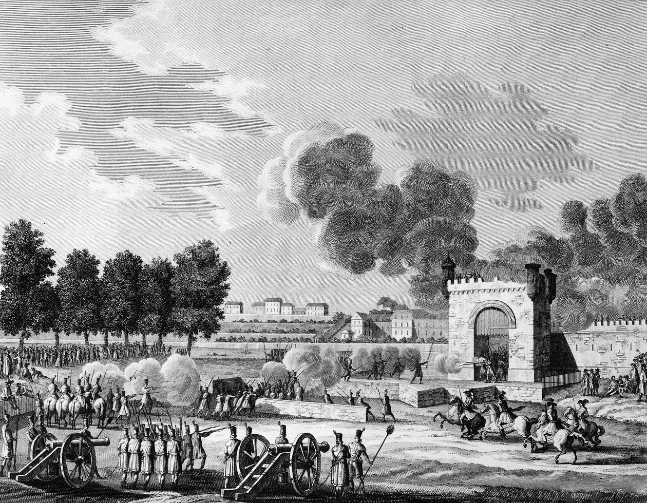 Révolution française : Fête républicaine des victoires, combat de jeunes étudiants au Champ de Mars à Paris le 21 octobre 1794. Gravure de Malapeau d