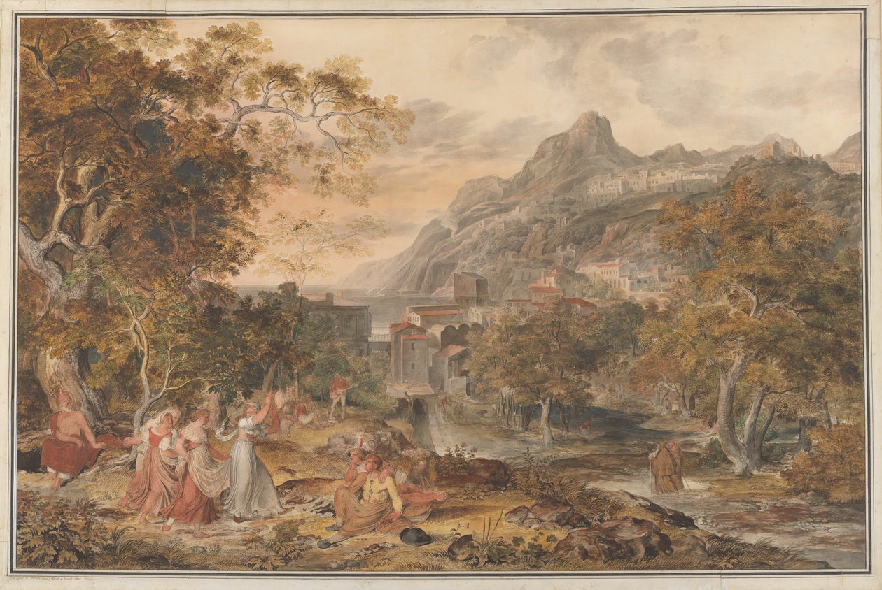 Vue de Vietri avec des jeunes femmes dansant pour des bergers au premier plan - Joseph Anton Koch
