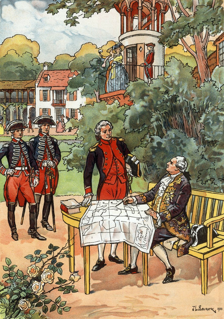 Le roi français Louis XVI et le navigateur Jean François de Galaup, comte de Laperouse (1741-1788) en 1785, illustration de JL Beuzon 1933 - Joseph Beuzon