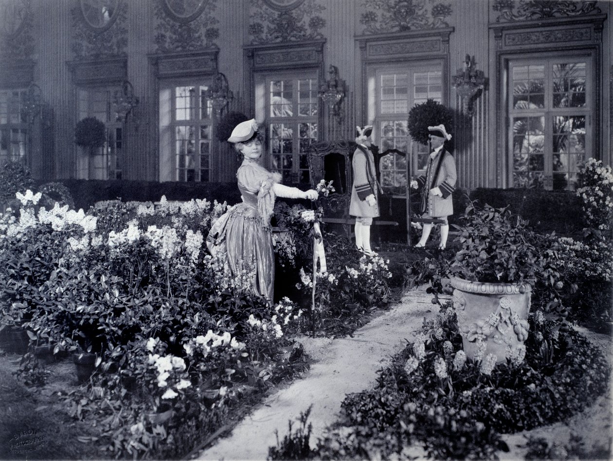 Réjane (Gabrielle Charlotte Réju, dite) (1856-1920), comédienne française arrivant en chaise pour porter un costume de bal à New York en 1905 - Joseph Byron