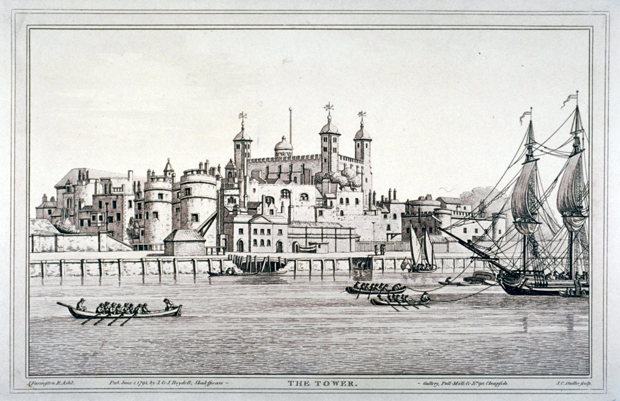 Vue sud de la Tour de Londres avec des bateaux sur la Tamise, 1795 - Joseph Constantine Stadler