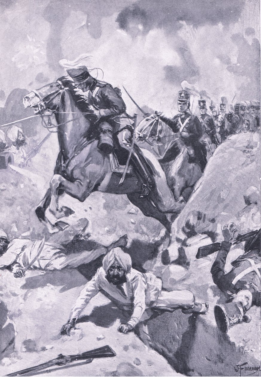 Sobraon : Sir Joseph Thackwell menant les 3e dragons légers en file indienne à travers des ouvrages de terre sikhs, illustration de British Battles on Land and Sea, 1915 - Joseph Finnemore