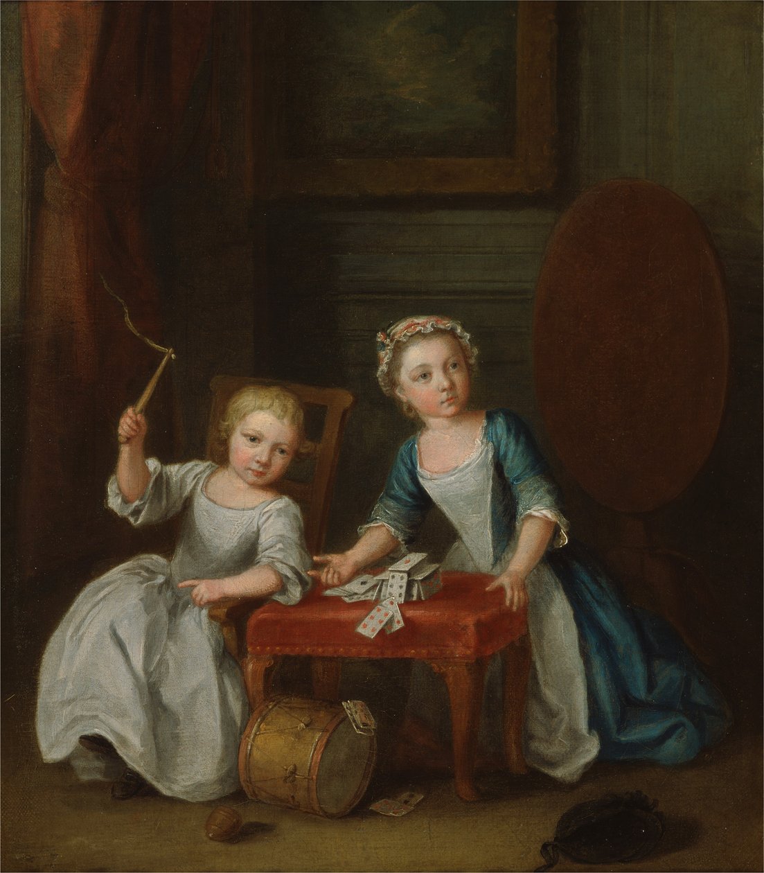 Deux enfants de la famille Nollekens, probablement Jacobus et Maria Sophia, jouant avec une toupie et des cartes, 1745 - Joseph Francis Nollekens