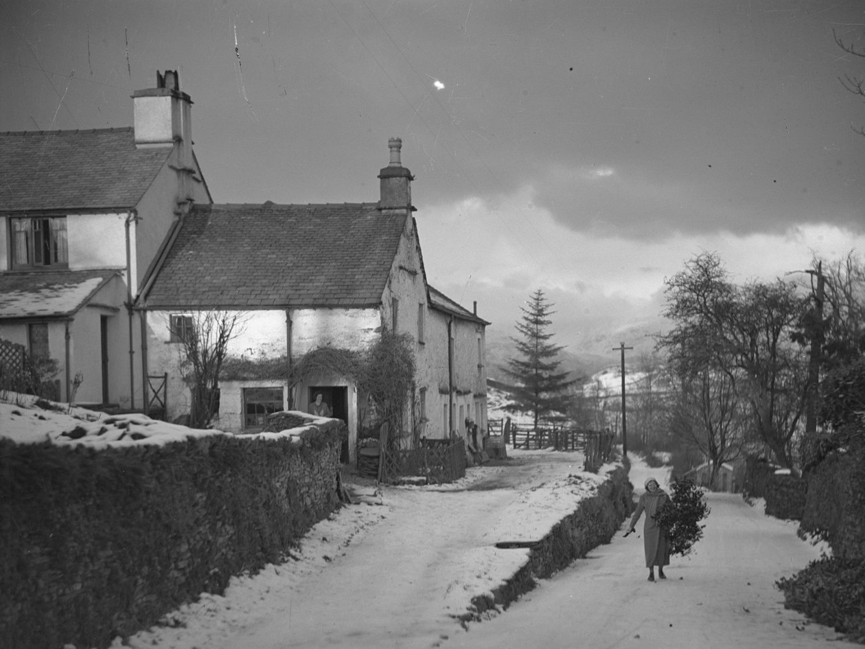 Femme portant une branche sur la route près de Borwick Fold Farm à Hawkshead dans la neige - Joseph Hardman
