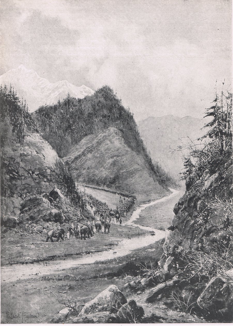 Afghanistan : La marche de la colonne de Kaboul vers Khandahar, août 1880, illustration de British Battles on Land and Sea, 1915 - Joseph Holland Tringham