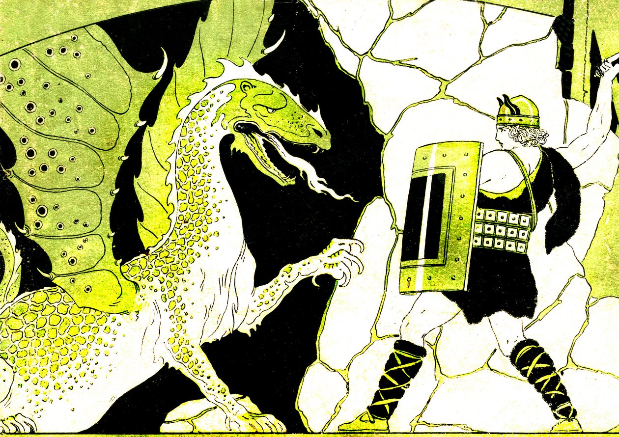 Siegfried combat le dragon. Légende des Nibelungen. Illustration de Joseph Kuhn Regnier (Kuhn-Regnier) (1873-1940) pour "Epopées et légendes d