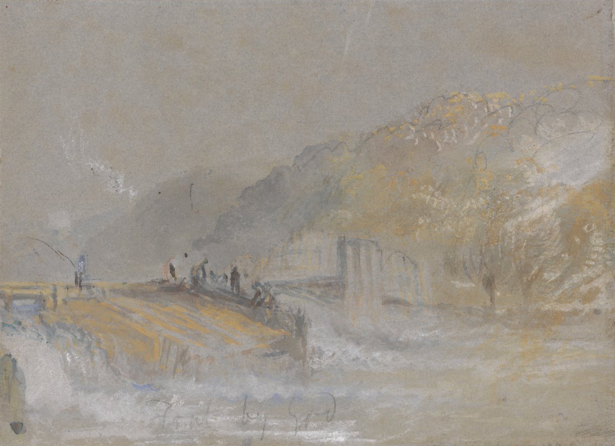 Foul by God : paysage fluvial avec des pêcheurs pêchant depuis un déversoir - Joseph Mallord William Turner