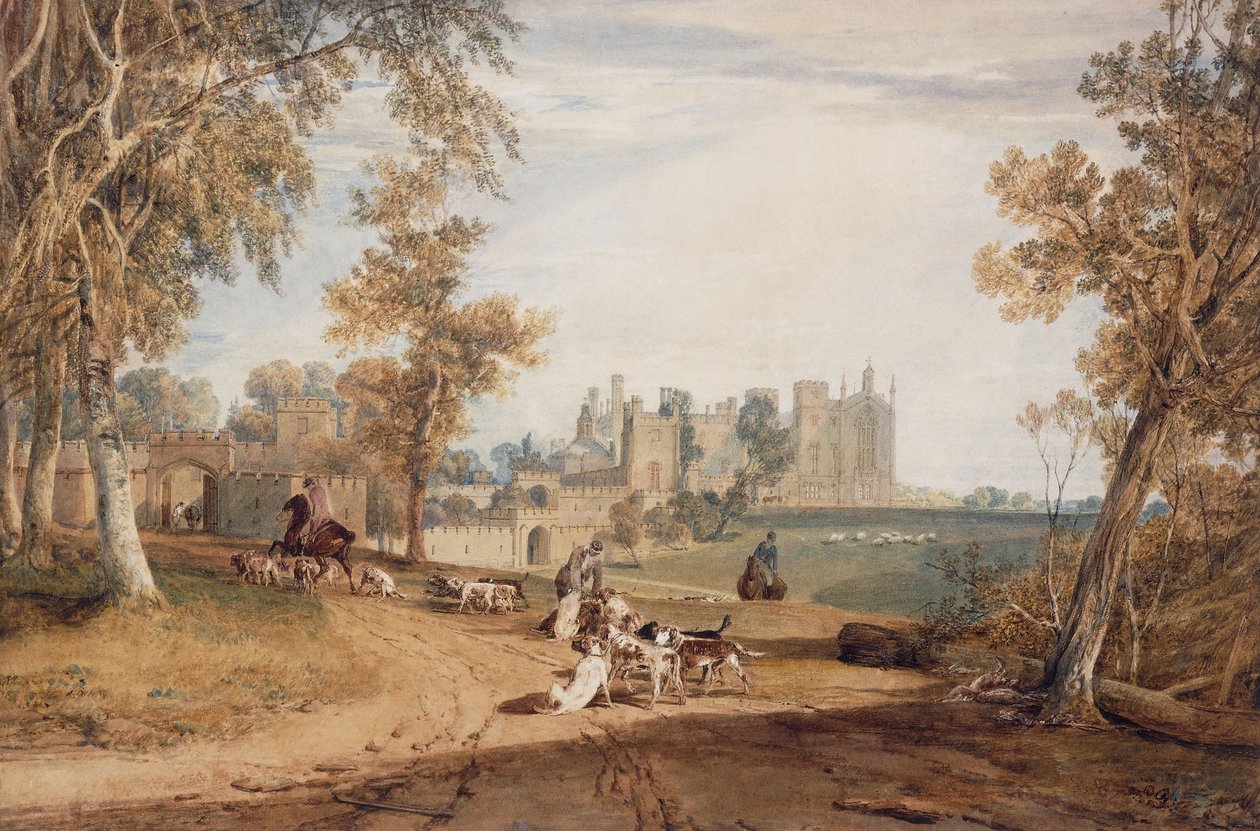 La façade nord-ouest, Cassiobury, avec chiens et chasseurs - Joseph Mallord William Turner