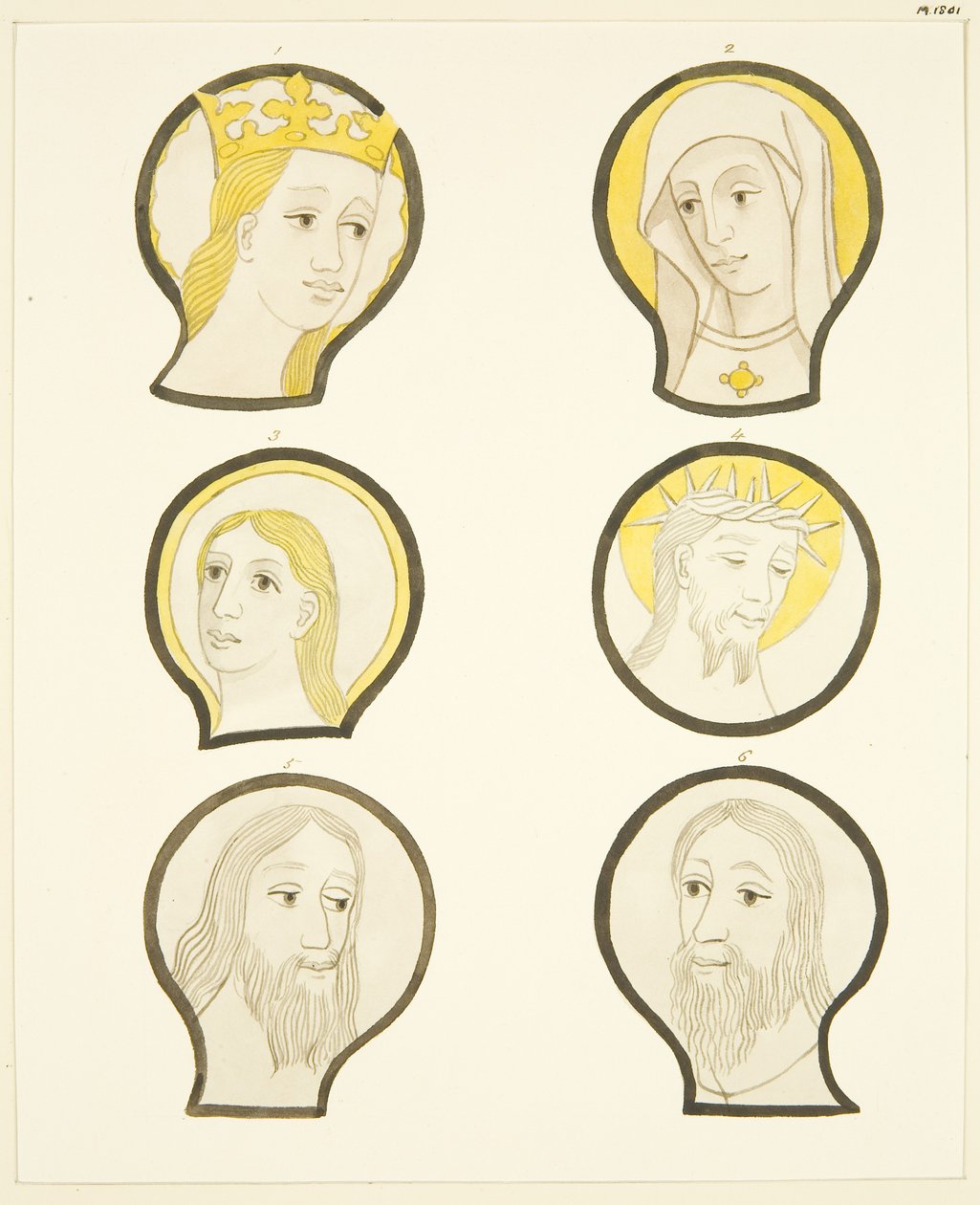 Six têtes dans les vitraux au sud du chœur de la cathédrale de Bristol - Joseph Manning