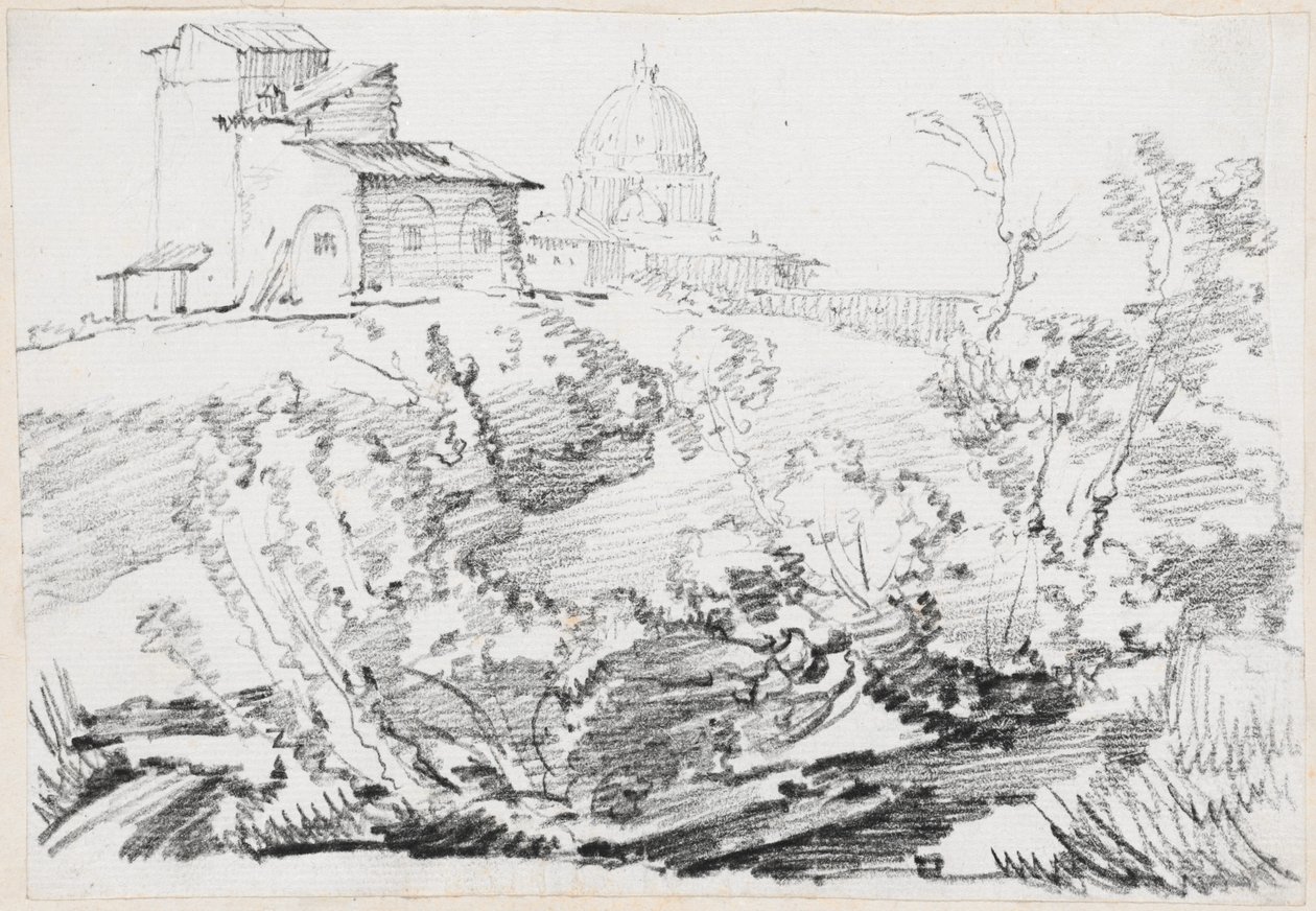 Un bâtiment sur une colline avec Saint-Pierre au loin - Joseph Marie Vien