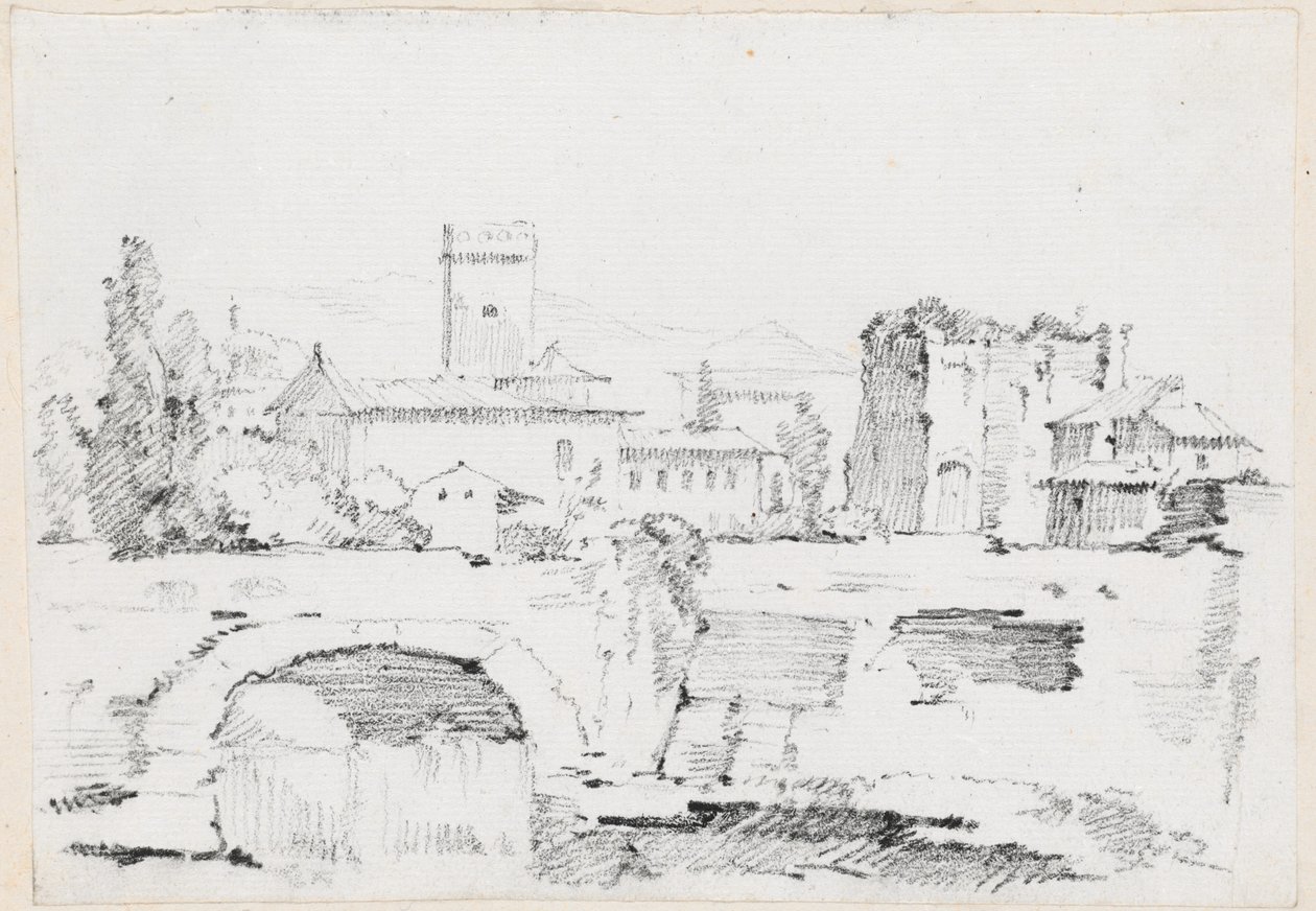 Une ville italienne avec un pont de pierre et une cascade - Joseph Marie Vien