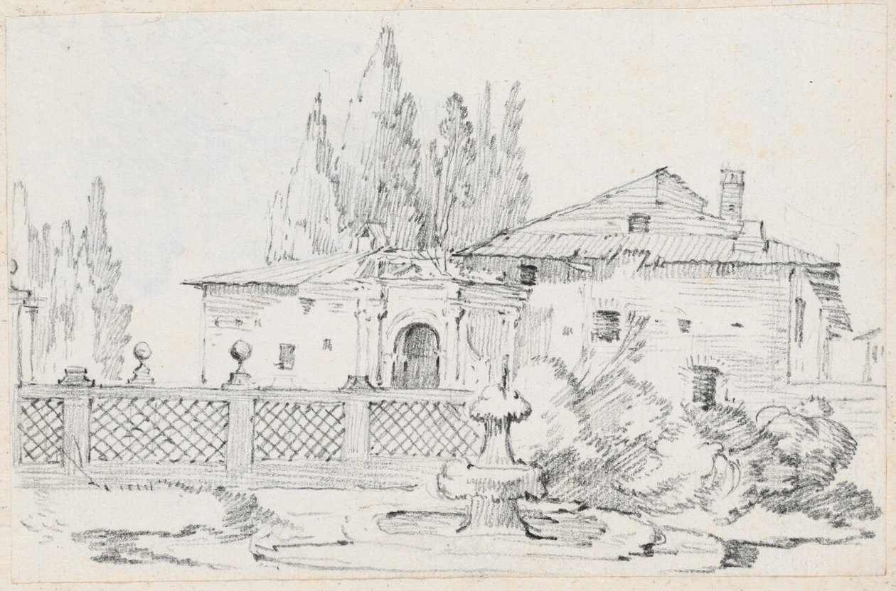 Maison et arbres à travers un mur de jardin - Joseph Marie Vien