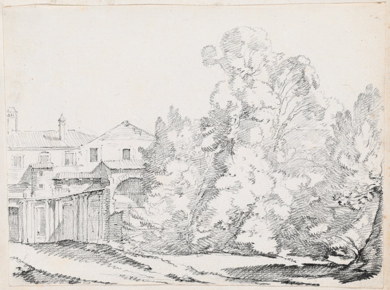 Arbres cachant une maison construite sur des ruines anciennes - Joseph-Marie Vien