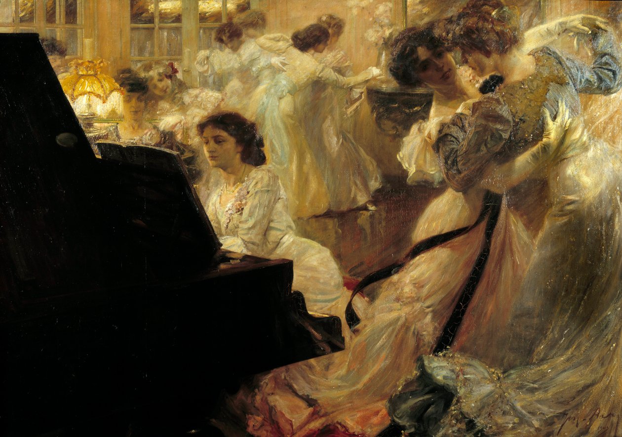 Belle époque : « Bal blanc » Soirée de jeunes femmes en robes blanches dansant et jouant du piano - Joseph Marius Avy