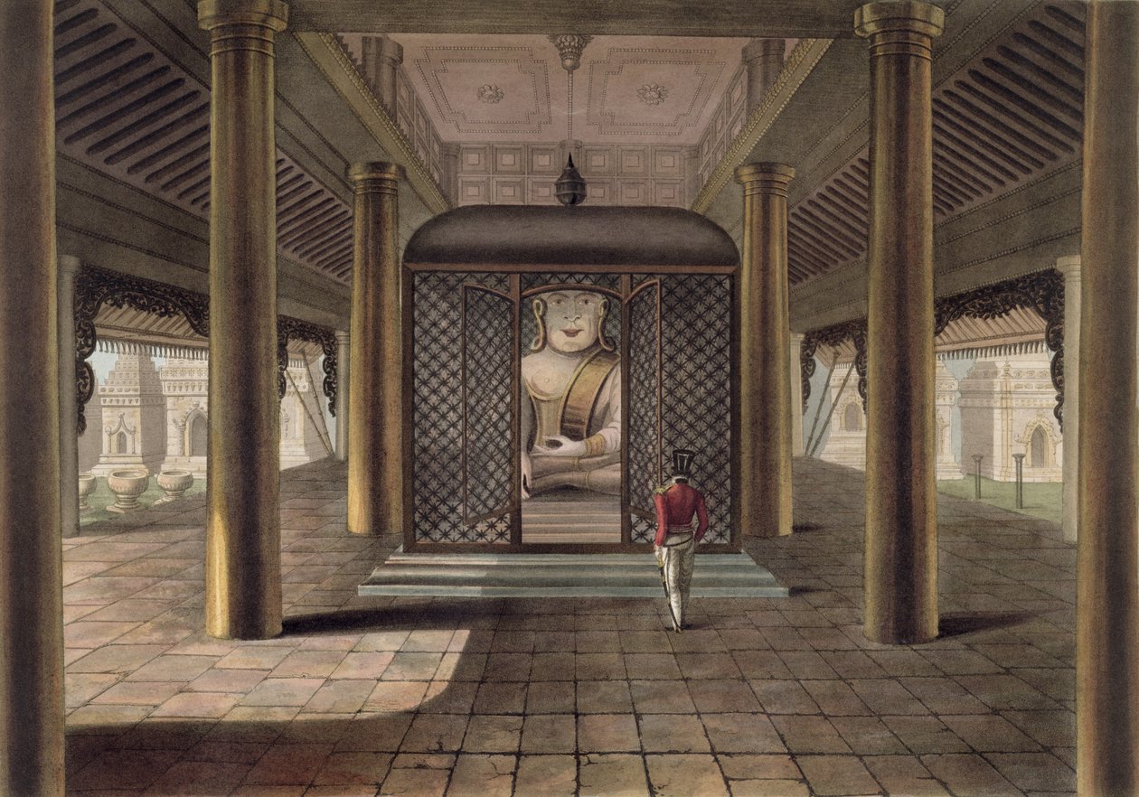 Un soldat debout dans un temple de Rangoon, gravé par George Hunt, 1825 - Joseph Moore