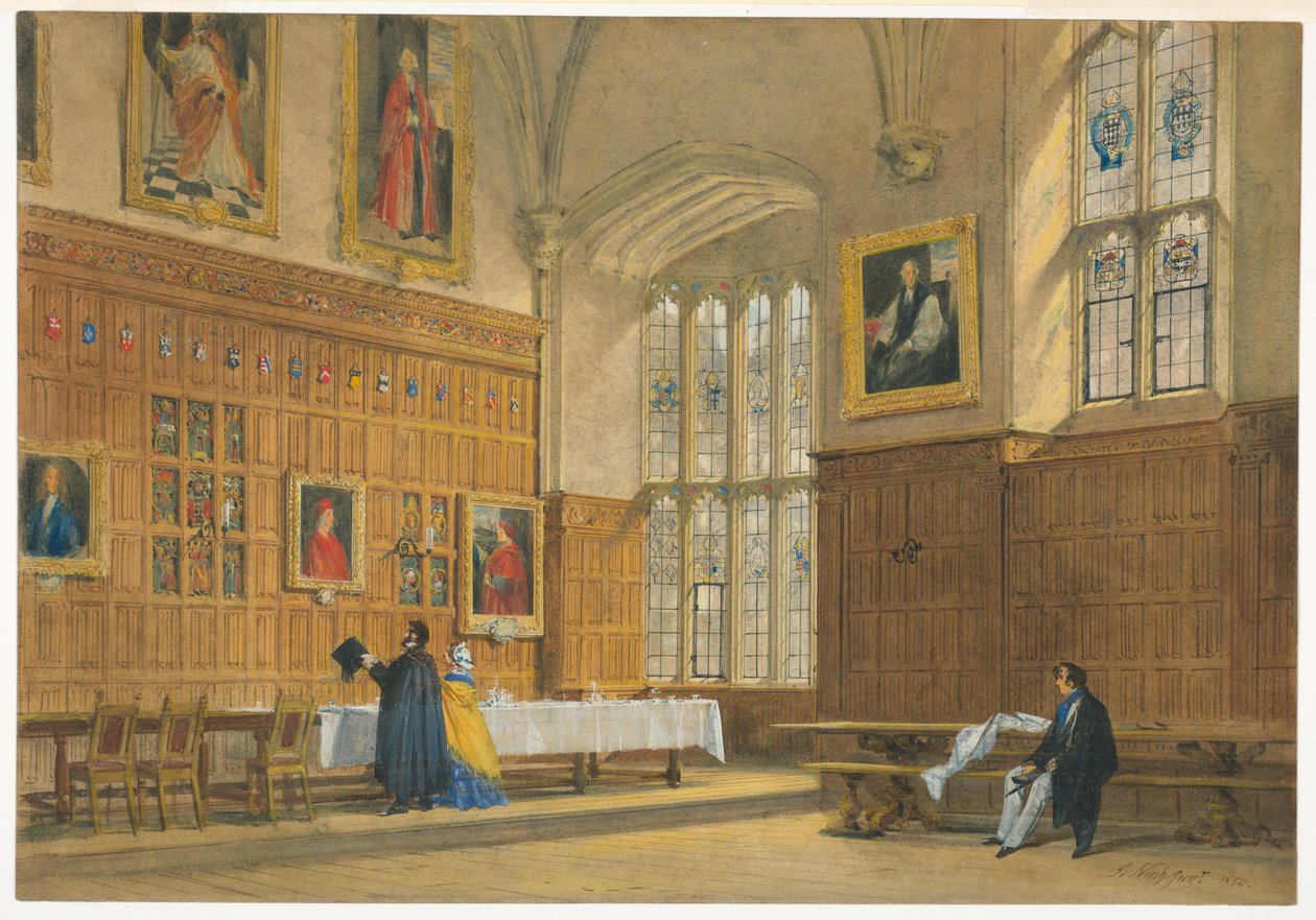 Dessin, Vue de la salle à manger du Magdalen College, Oxford, 1856 - Joseph Nash The Elder