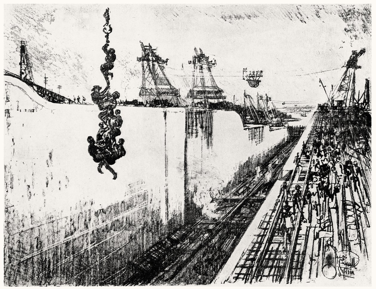 Heure du Dîner à Gatun, planche III de Le Canal de Panama par Joseph Pennell, 1912 - Joseph Pennell