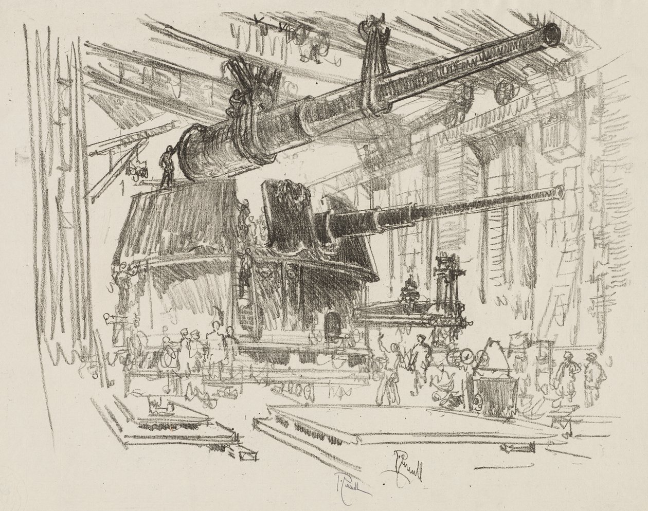 Travail de guerre anglais : Montage des canons dans les tourelles - Joseph Pennell